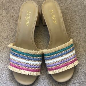 J. Crew Beige Raffia Block Heel Multicolored Mules